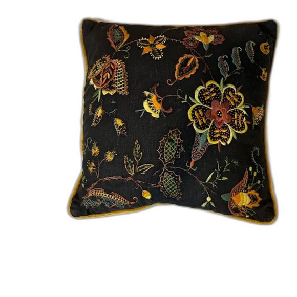 Throw Pillow Floral Blue Yellow Orange Embroidered 14"x14" Velvet Bohochic Trad - Picture 1 of 2